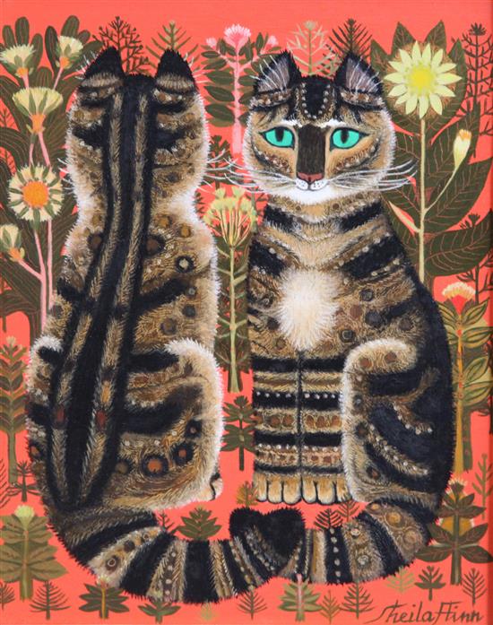Sheila Flinn (b.1929) Two tabby cats in a garden 10 x 8in.